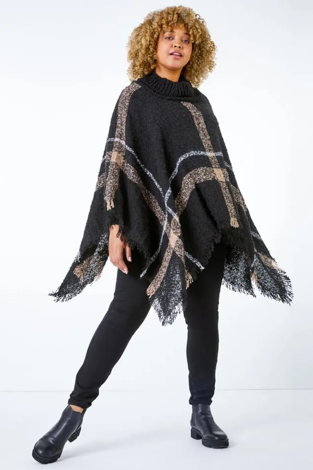 Women Black Curve Check Print Roll Neck Poncho Roman Knitwear