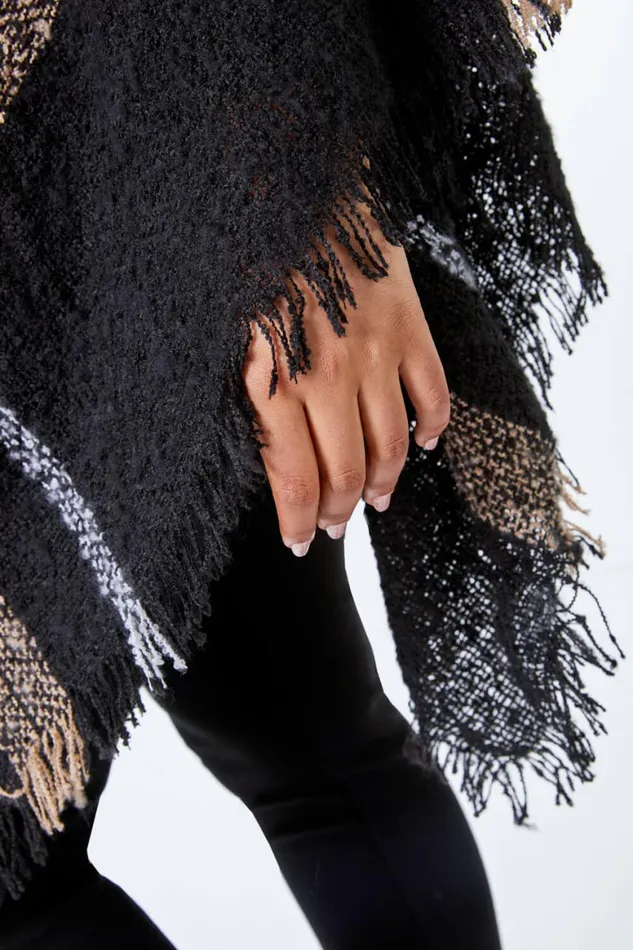 Women Black Curve Check Print Roll Neck Poncho Roman Knitwear