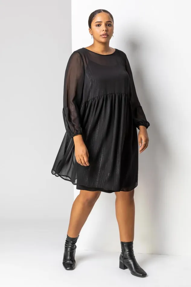 Women Black Curve Chiffon Shimmer Stripe Smock Dress Roman Dresses
