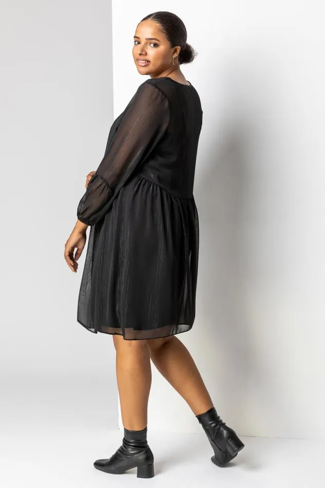 Women Black Curve Chiffon Shimmer Stripe Smock Dress Roman Dresses