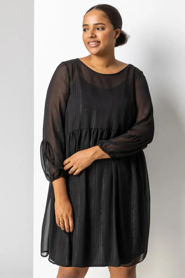 Women Black Curve Chiffon Shimmer Stripe Smock Dress Roman Dresses