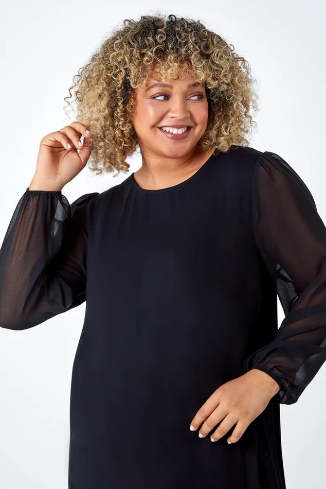Women Black Curve Chiffon Sleeve Stretch Tunic Top Roman Tops