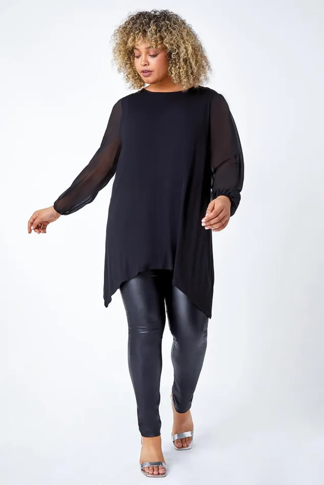 Women Black Curve Chiffon Sleeve Stretch Tunic Top Roman Tops