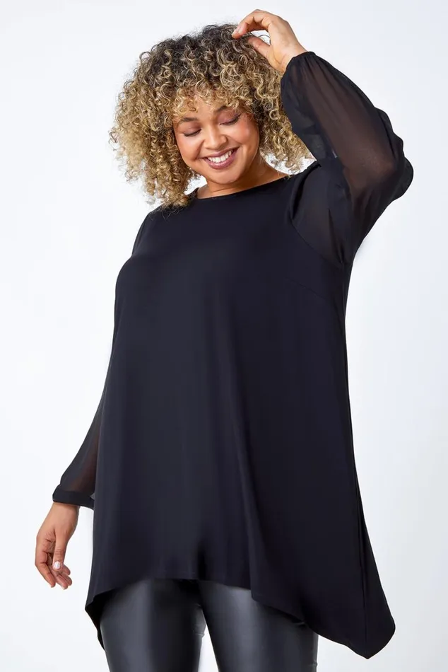 Women Black Curve Chiffon Sleeve Stretch Tunic Top Roman Tops