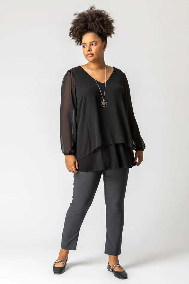 Women Black Curve Chiffon Top With Necklace Roman Tops