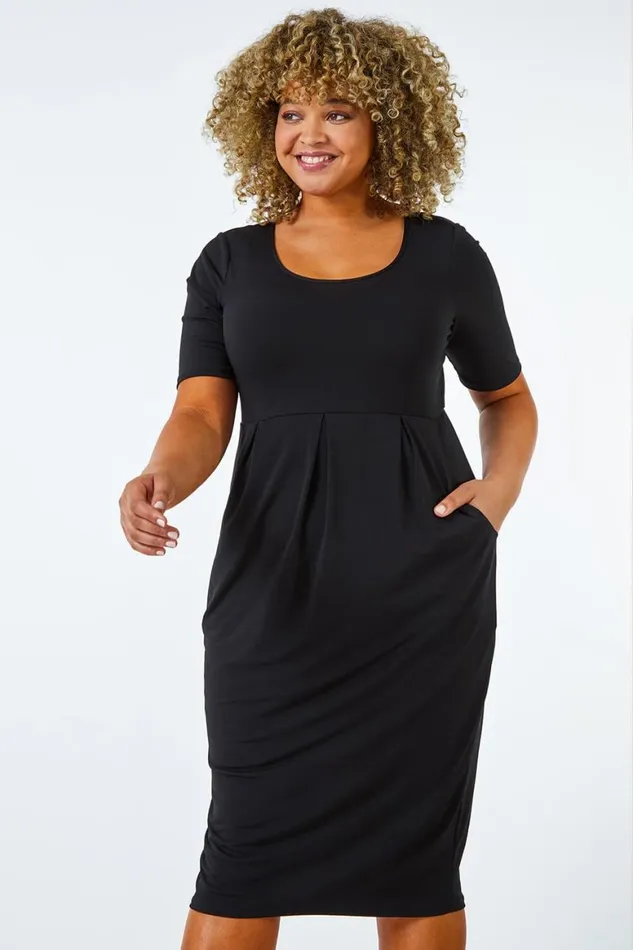 Women Black Curve Cocoon Pocket Detail Midi Dress Roman Dresses