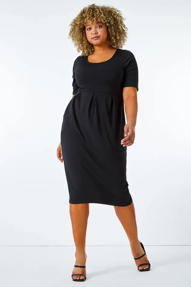 Women Black Curve Cocoon Pocket Detail Midi Dress Roman Dresses