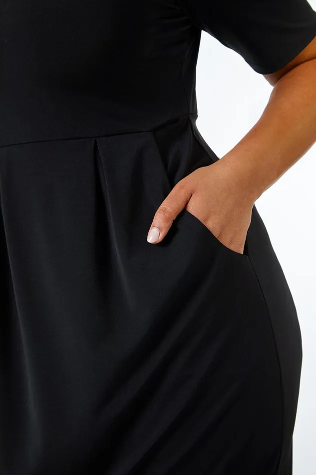 Women Black Curve Cocoon Pocket Detail Midi Dress Roman Dresses