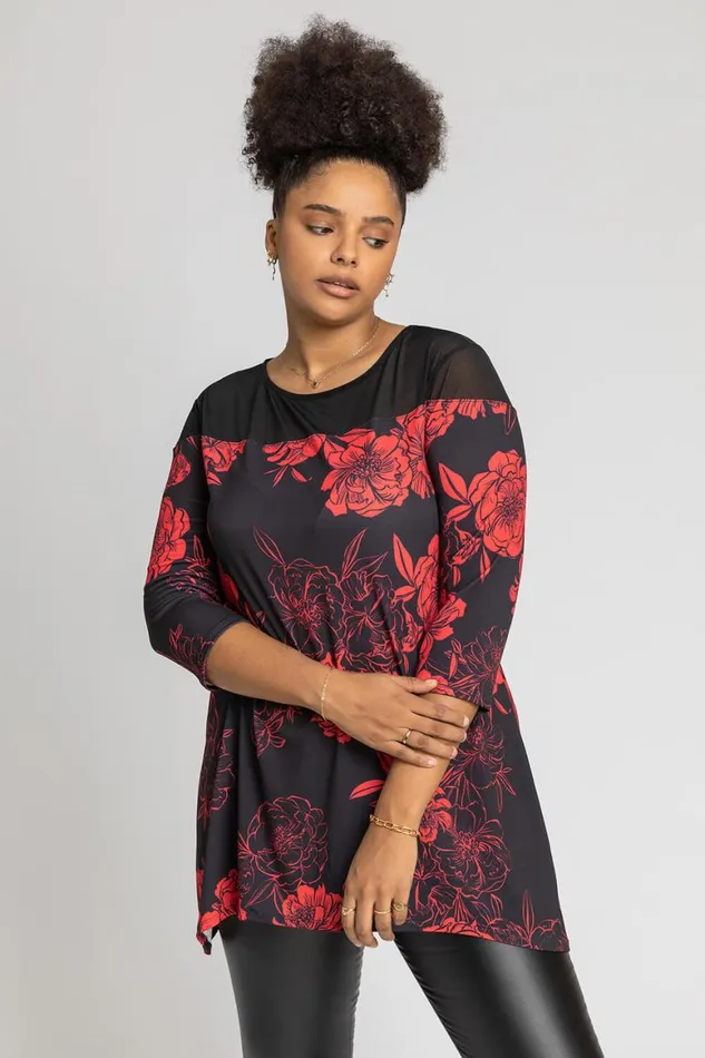 Women Black Curve Contrast Yoke Floral Print Top Roman Tops