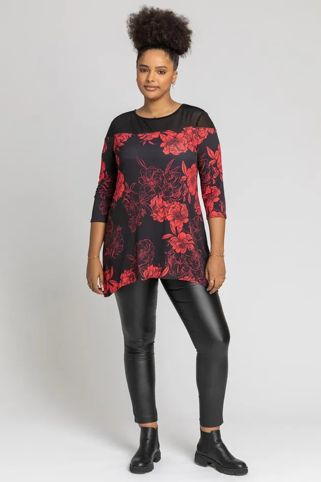 Women Black Curve Contrast Yoke Floral Print Top Roman Tops