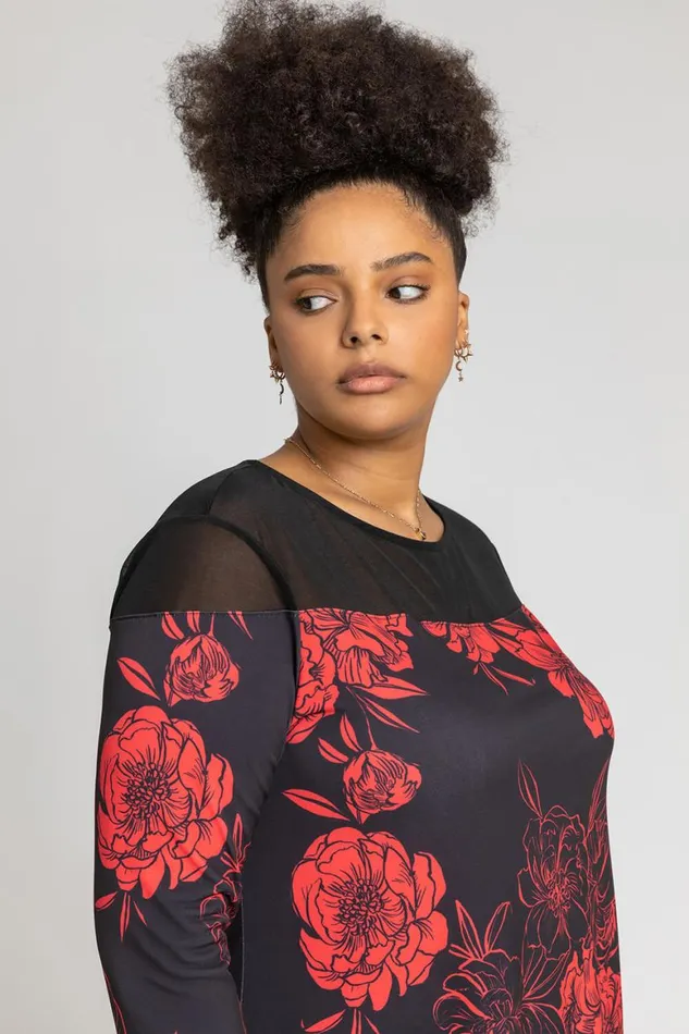 Women Black Curve Contrast Yoke Floral Print Top Roman Tops
