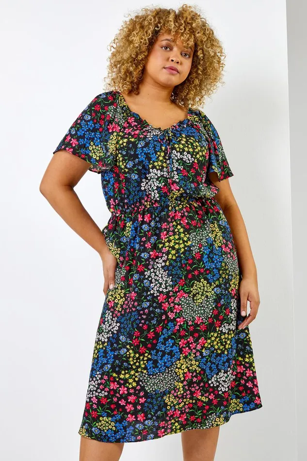 Women Black Curve Ditsy Floral Print Sweetheart Midi Dress Roman Dresses