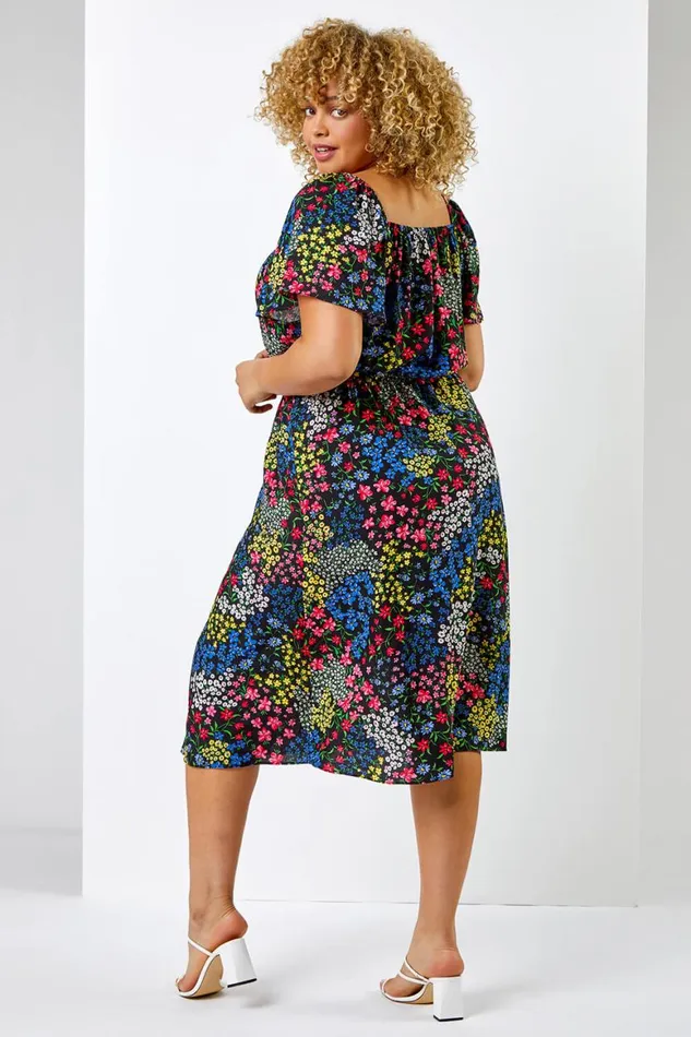 Women Black Curve Ditsy Floral Print Sweetheart Midi Dress Roman Dresses
