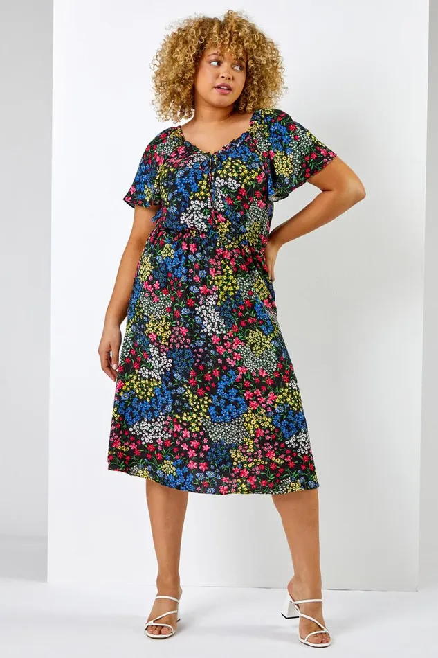 Women Black Curve Ditsy Floral Print Sweetheart Midi Dress Roman Dresses