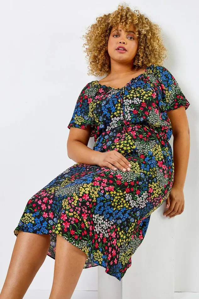 Women Black Curve Ditsy Floral Print Sweetheart Midi Dress Roman Dresses