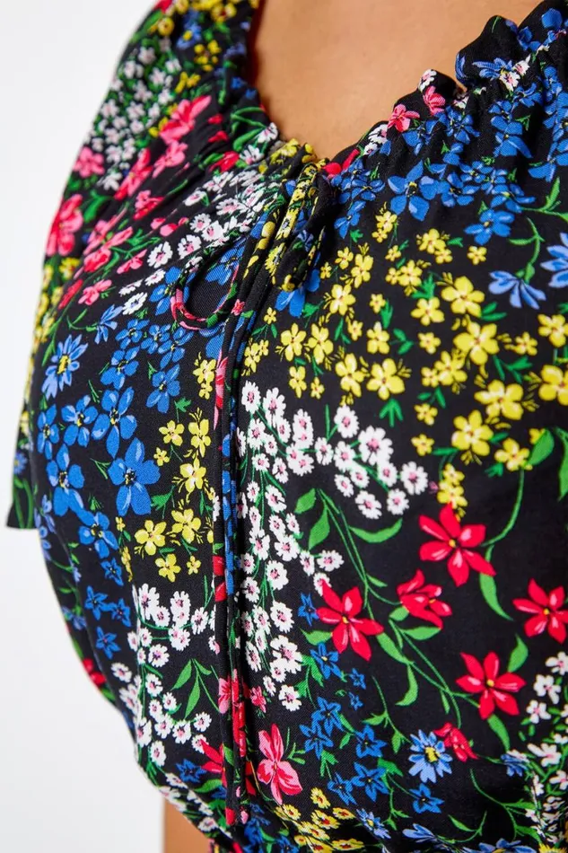 Women Black Curve Ditsy Floral Print Sweetheart Midi Dress Roman Dresses