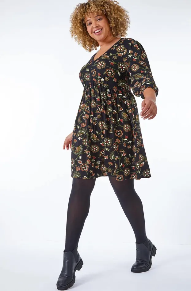 Women Black Curve Floral Stretch Dress Roman Dresses