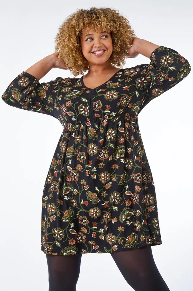 Women Black Curve Floral Stretch Dress Roman Dresses