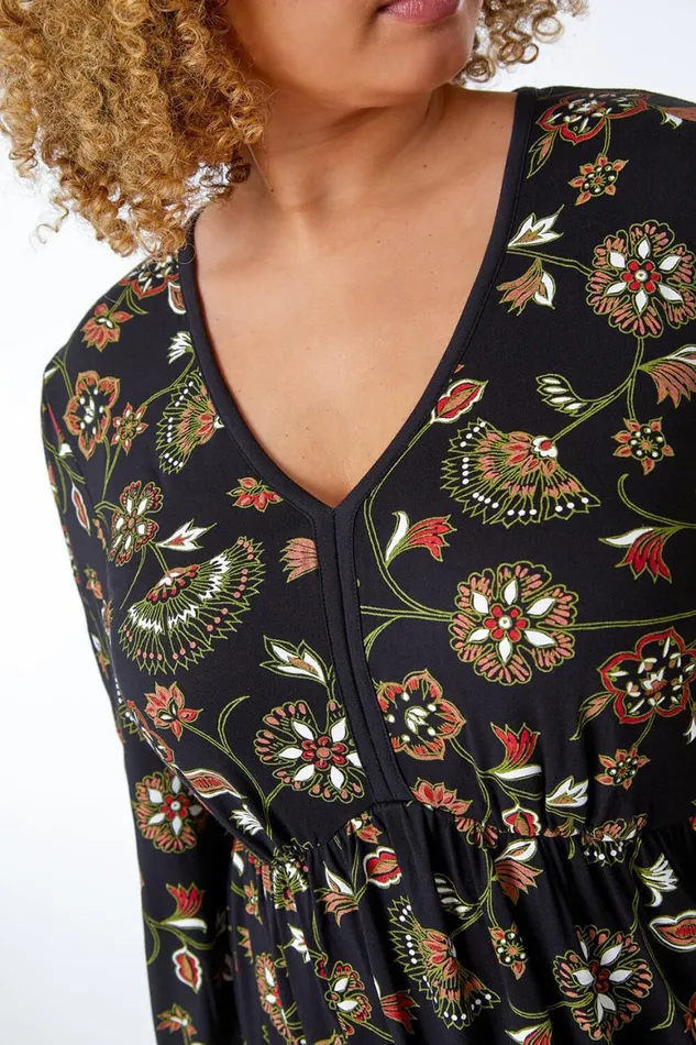 Women Black Curve Floral Stretch Dress Roman Dresses