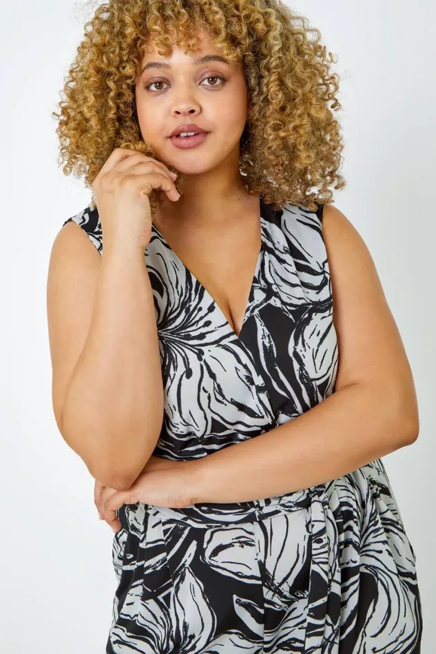 Women Black Curve Floral Wrap Cropped Culotte Jumpsuit Roman Dresses