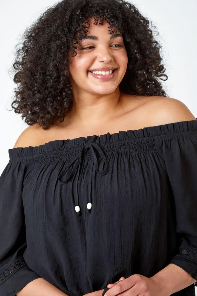 Women Black Curve Lace Trim Bardot Top Roman Tops
