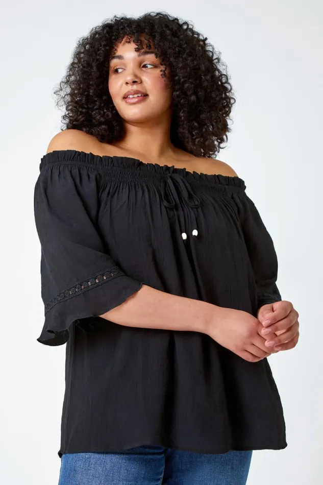 Women Black Curve Lace Trim Bardot Top Roman Tops