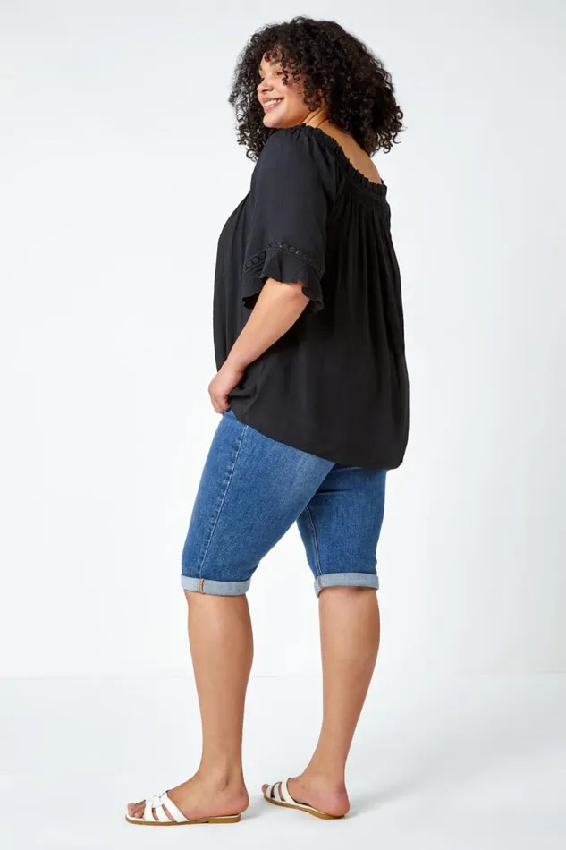 Women Black Curve Lace Trim Bardot Top Roman Tops