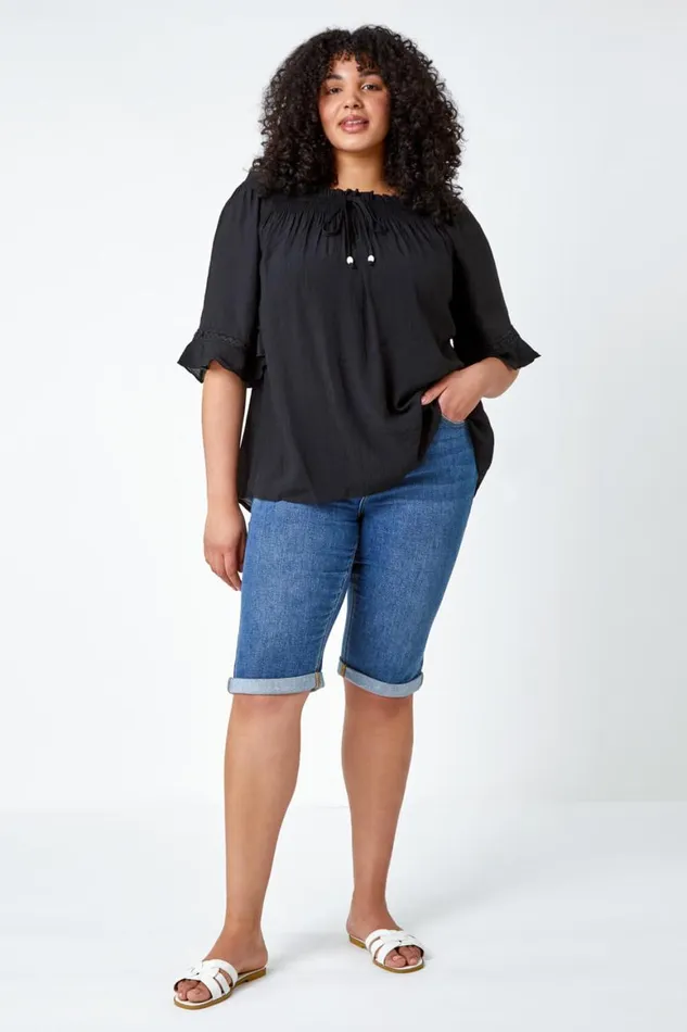 Women Black Curve Lace Trim Bardot Top Roman Tops