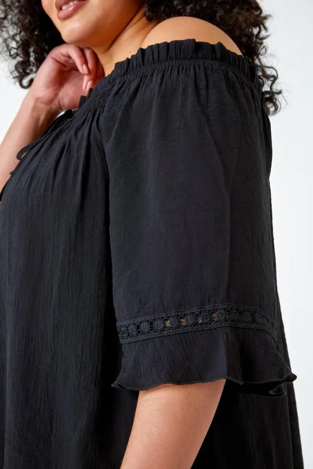 Women Black Curve Lace Trim Bardot Top Roman Tops