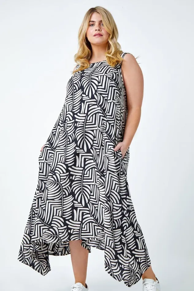 Women Black Curve Leaf Print Midi Dress Roman Dresses