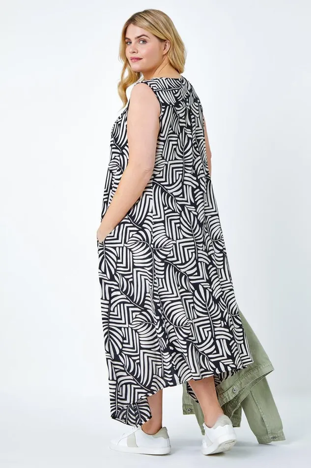 Women Black Curve Leaf Print Midi Dress Roman Dresses