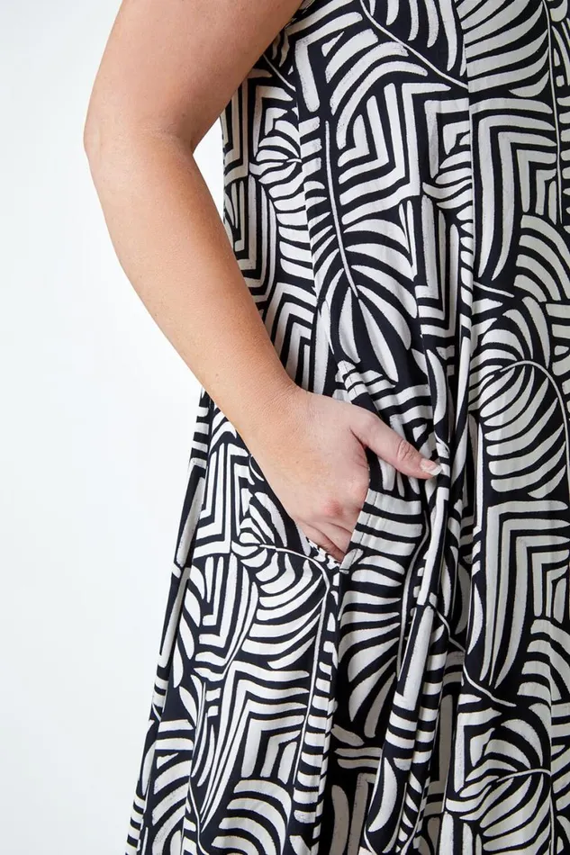 Women Black Curve Leaf Print Midi Dress Roman Dresses