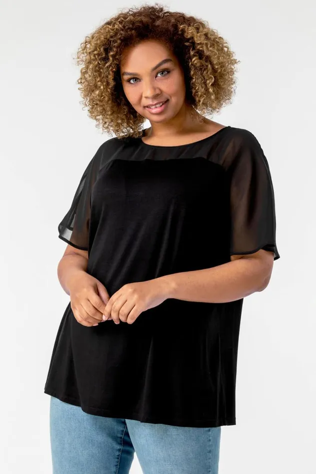 Women Black Curve Mesh Yoke Jersey Top Roman Tops