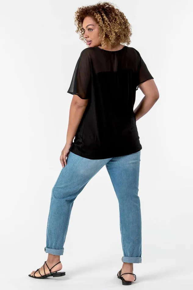 Women Black Curve Mesh Yoke Jersey Top Roman Tops