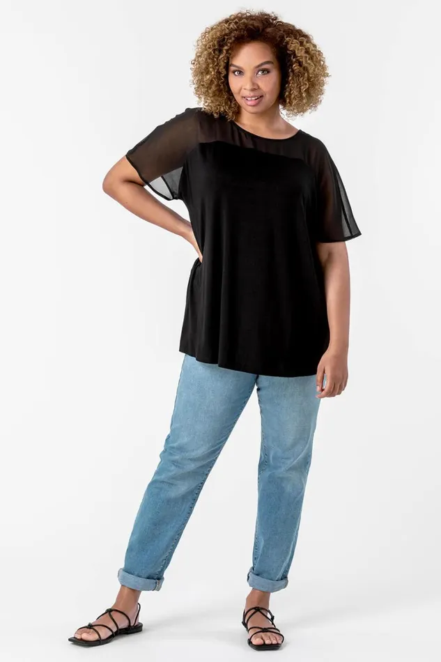 Women Black Curve Mesh Yoke Jersey Top Roman Tops