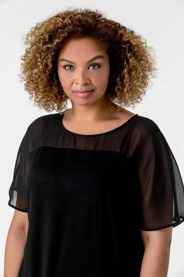 Women Black Curve Mesh Yoke Jersey Top Roman Tops