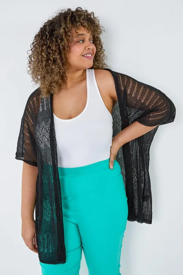 Women Black Curve Pointelle Knit Stretch Cardigan Roman Knitwear
