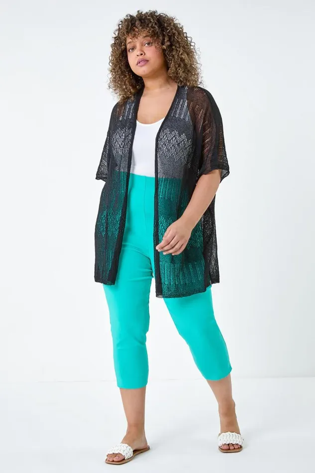 Women Black Curve Pointelle Knit Stretch Cardigan Roman Knitwear