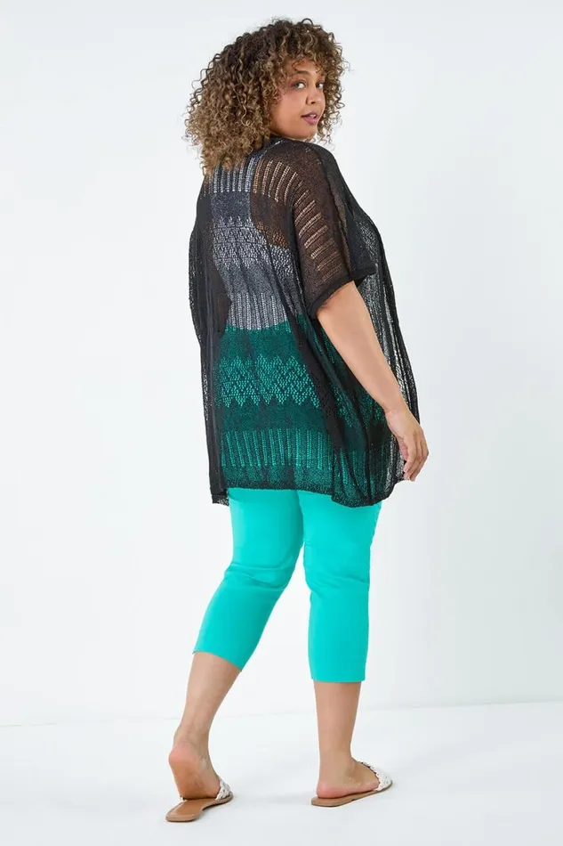 Women Black Curve Pointelle Knit Stretch Cardigan Roman Knitwear