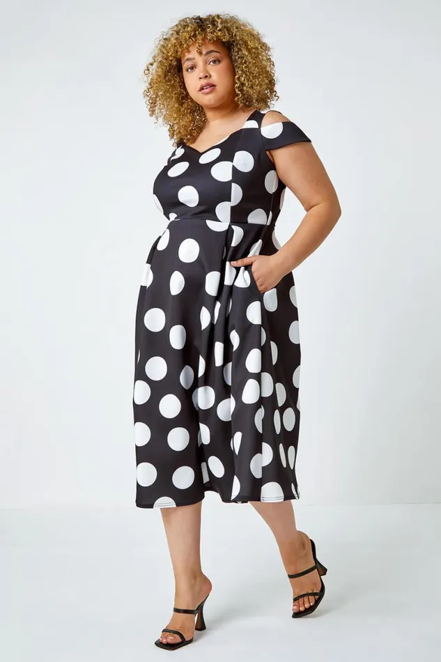 Women Black Curve Premium Stretch Polka Dot Dress Roman Dresses