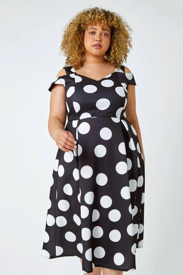 Women Black Curve Premium Stretch Polka Dot Dress Roman Dresses