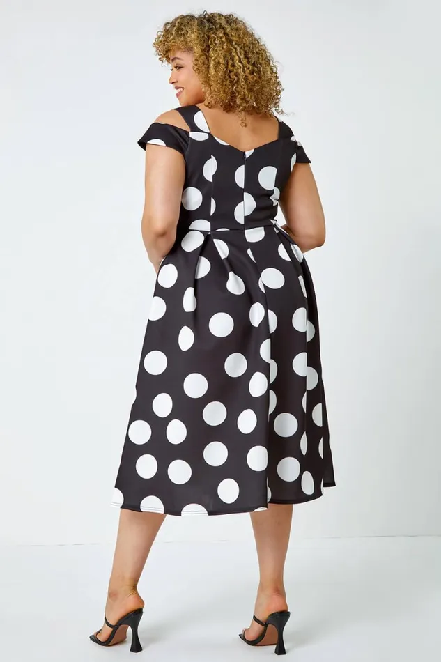 Women Black Curve Premium Stretch Polka Dot Dress Roman Dresses