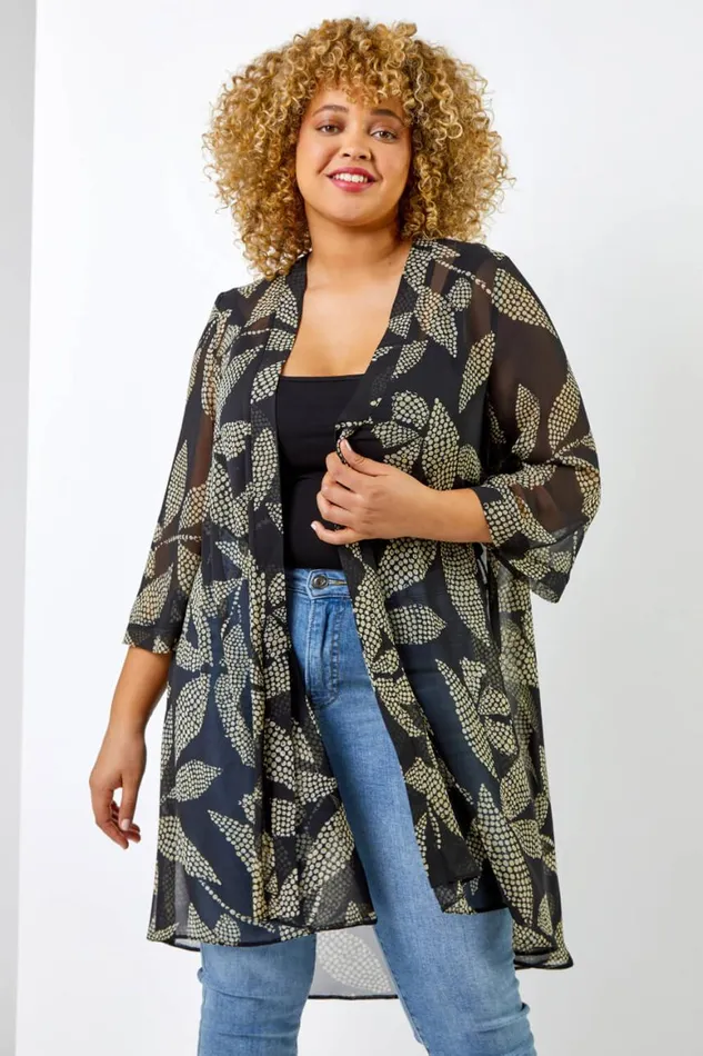 Women Black Curve Spot Leaf Print Dipped Hem Kimono Roman Occasionwear