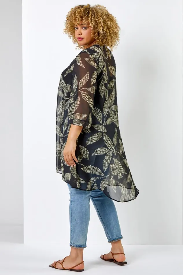 Women Black Curve Spot Leaf Print Dipped Hem Kimono Roman Occasionwear