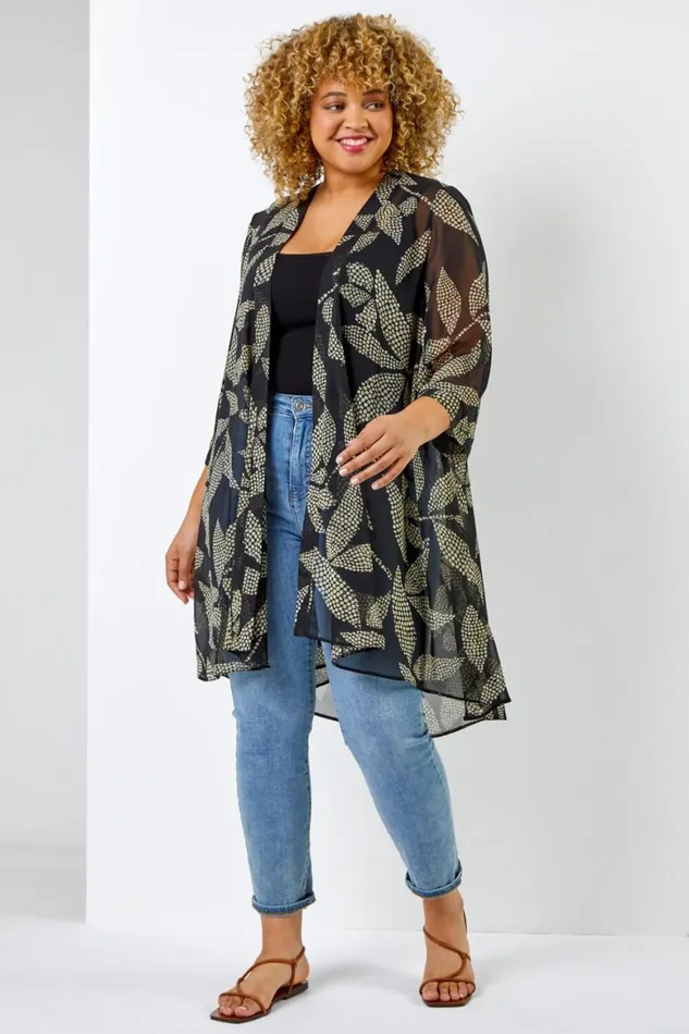 Women Black Curve Spot Leaf Print Dipped Hem Kimono Roman Occasionwear