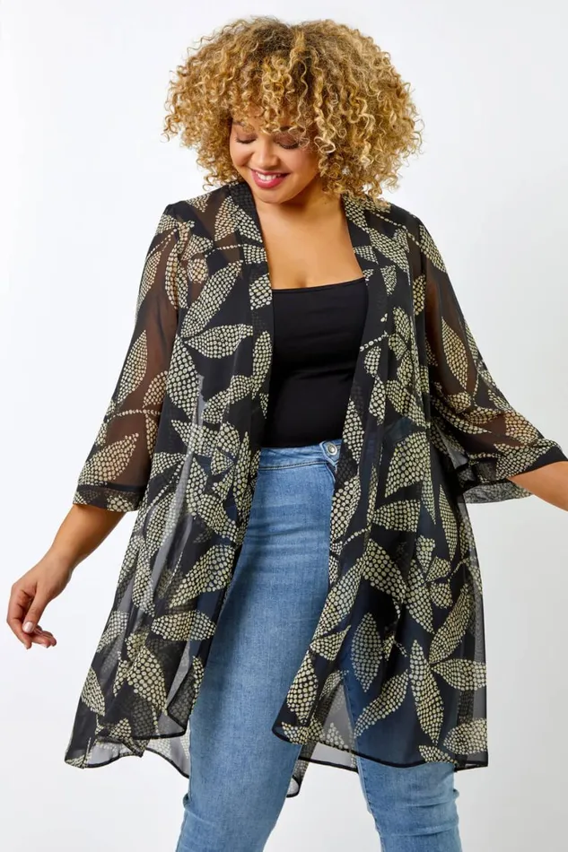 Women Black Curve Spot Leaf Print Dipped Hem Kimono Roman Occasionwear