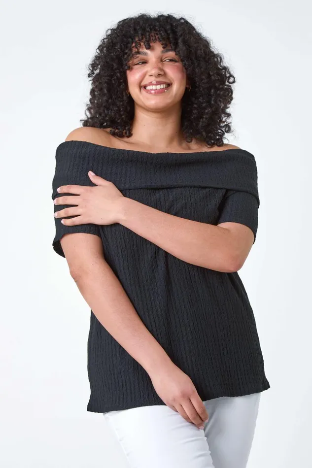 Women Black Curve Textured Stretch Bardot Top Roman Tops