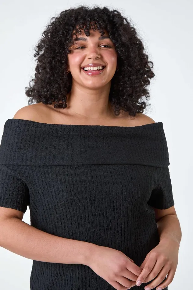 Women Black Curve Textured Stretch Bardot Top Roman Tops