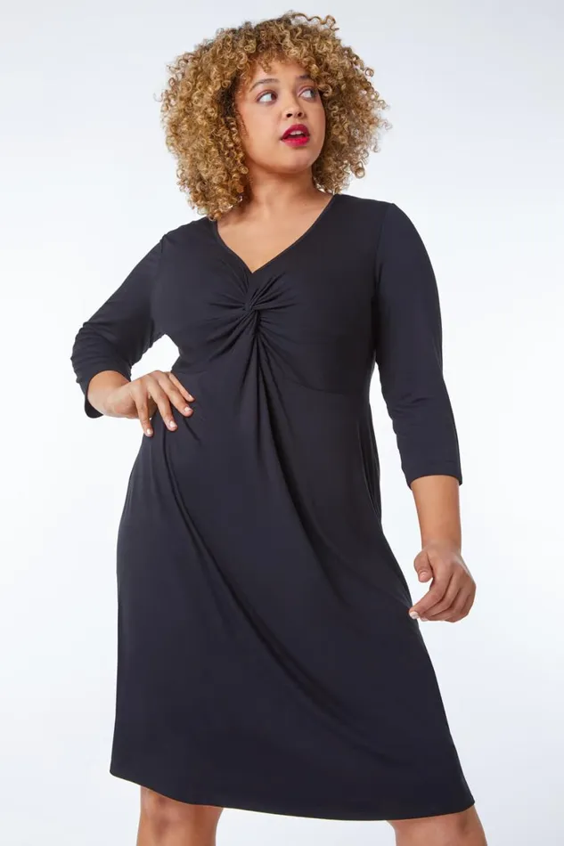 Women Black Curve Twist Front Detail Dress Roman Dresses