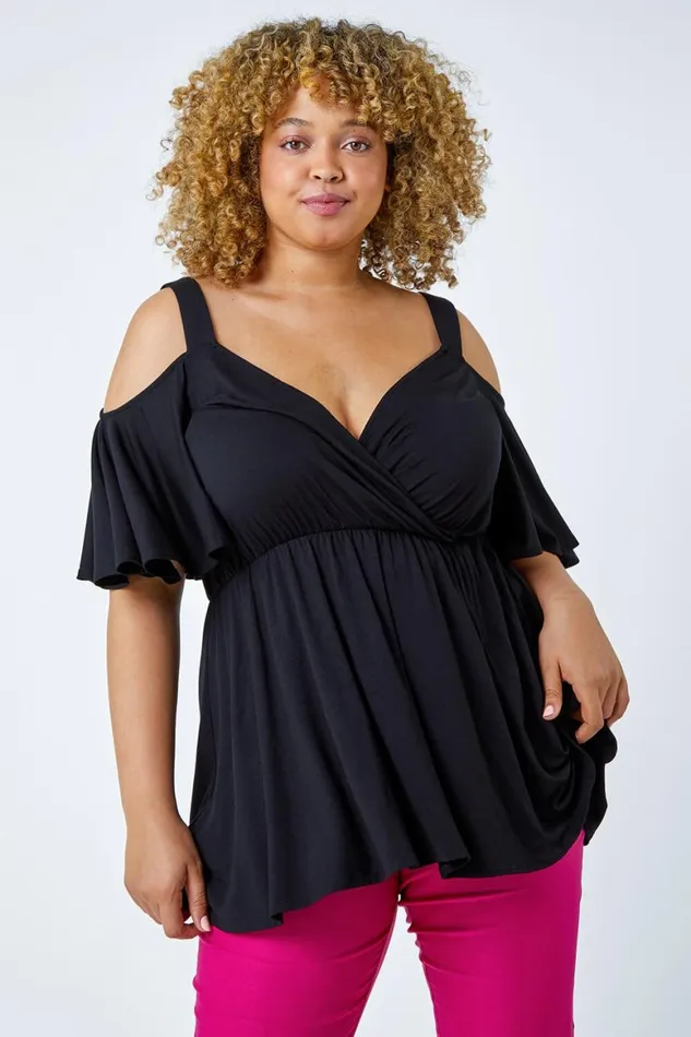 Women Black Curve VNeck Cold Shoulder Wrap Top Roman Tops